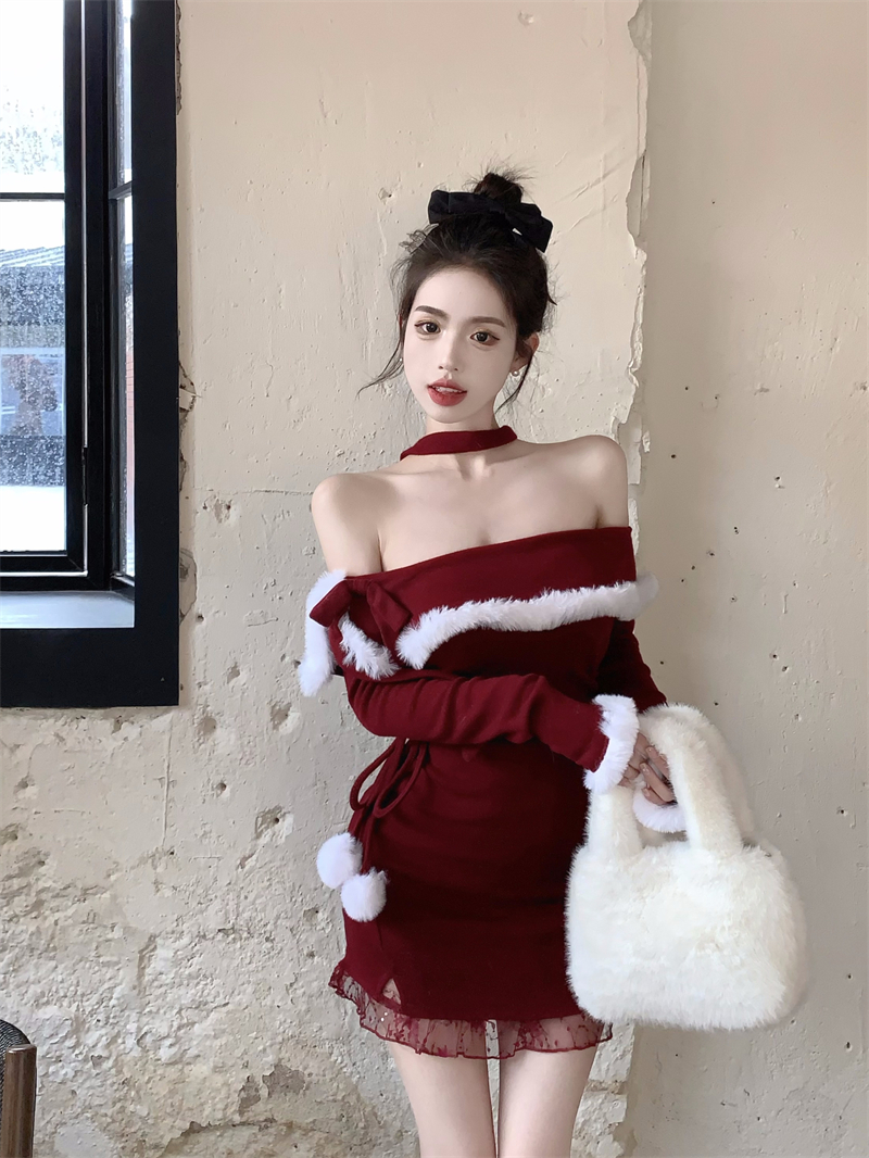 實拍 聖誕款一字肩毛毛連衣裙生日小禮裙女