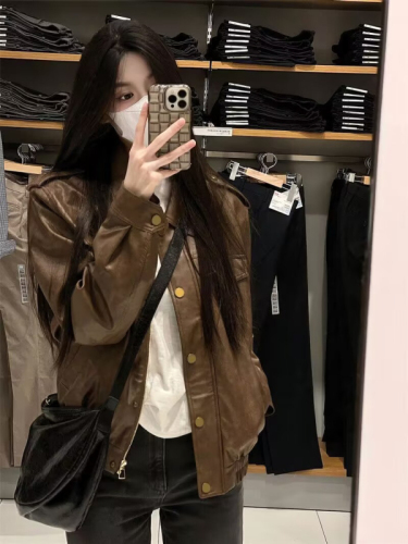 American high-end leather jacket women's short  autumn new style fashionable simple foreign style versatile leather jacket trend