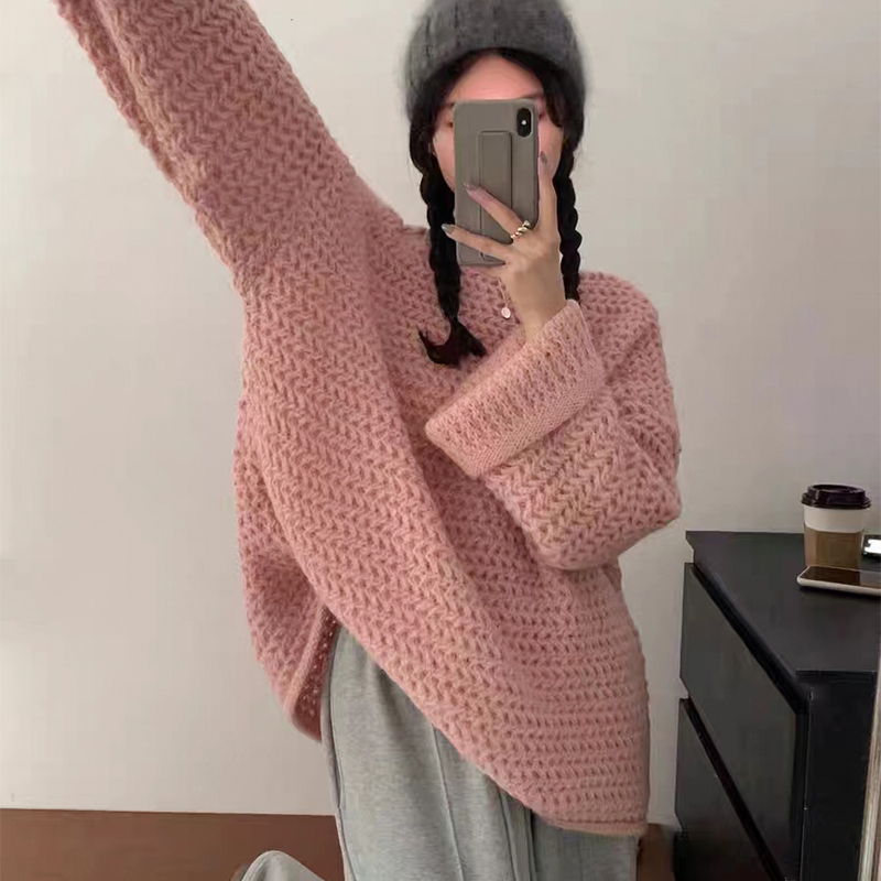 奶fufu一字肩粗線套頭毛衣女秋冬2023新款寬鬆外穿露肩軟糯針織衫