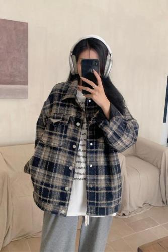 Actual shot~Large size women's American retro plaid wool all-match lapel loose jacket long-sleeved coat for women