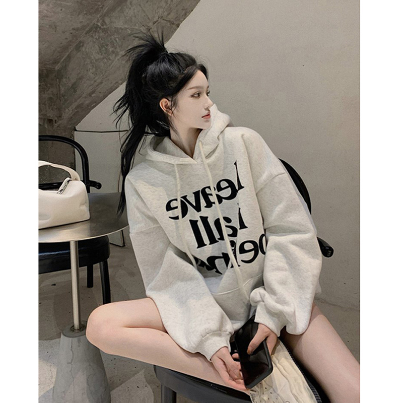 oversize衛衣女春秋薄款2023新款灰色大碼寬鬆連帽秋冬加絨中長款