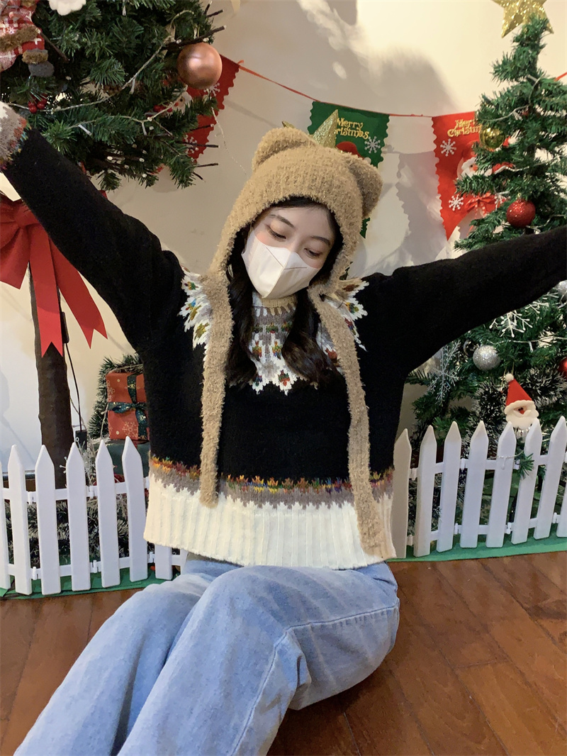 實拍~新款韓版復古花色設計感保暖簡約撞色圓領毛衣女