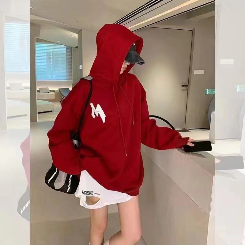 European high-end velvet thickened hooded red sweatshirt for women 2023 autumn and winter new casual loose long-sleeved top