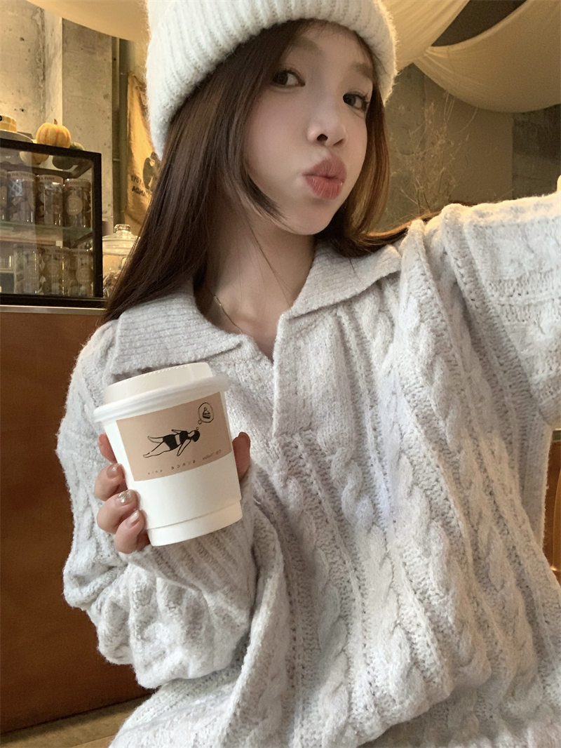 實拍   復古麻花毛衣寬鬆慵懶毛衣