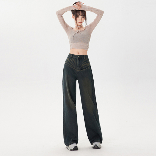 Actual shot of  autumn and winter retro wide-legged high-waisted loose drape slim straight-leg floor-length jeans for women