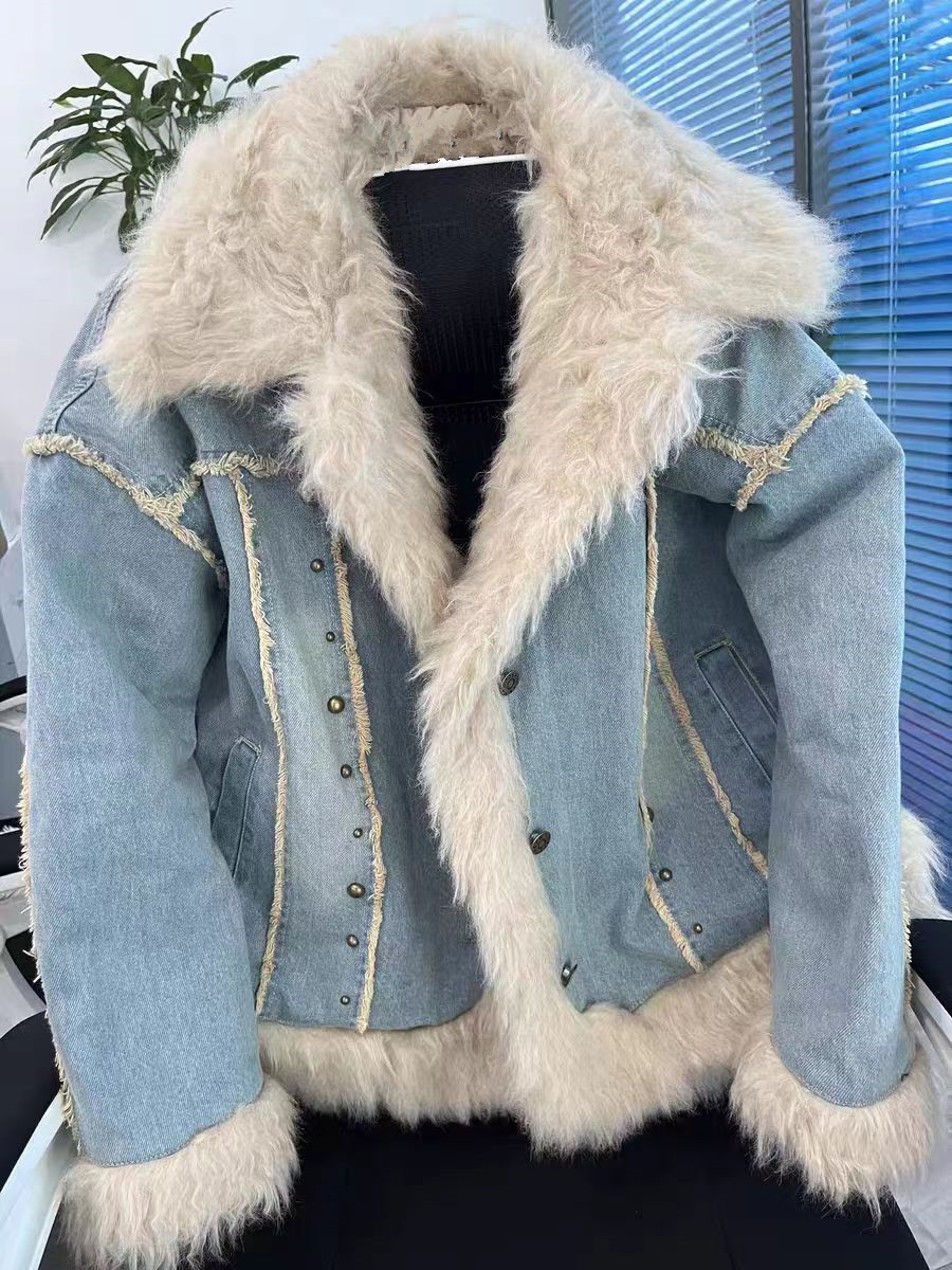 Denim jacket women's 2023 winter cotton coat sherpa thickened loose high-end niche design cotton coat