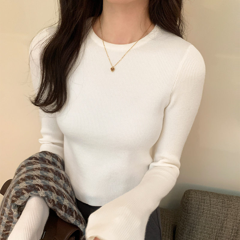 實拍圖正肩長袖T恤女秋冬2023新款小個子修身顯瘦打底短款上衣