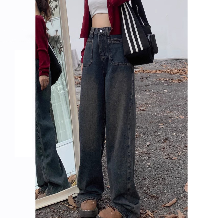 高腰闊腿褲牛仔褲女秋季新款寬鬆遮肉顯瘦百搭小個子直筒拖地褲潮