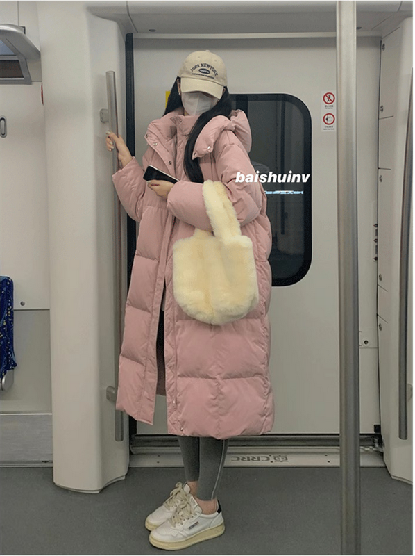 Baishui Women's Same Style Down Jacket Women's Winter College Style Hooded Pink 2023 Mid-Length Over-the-Knee Bread Jacket Cotton Jacket