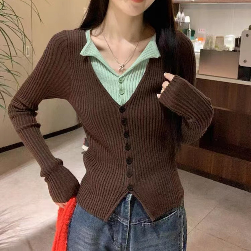 設計感假兩件撞色長袖針織衫女冬季辣妹修身小眾上衣復古打底衫