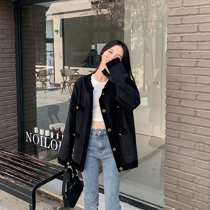 實拍~黑色牛仔小香風外套女2023秋季寬鬆中長款夾克開衫上衣