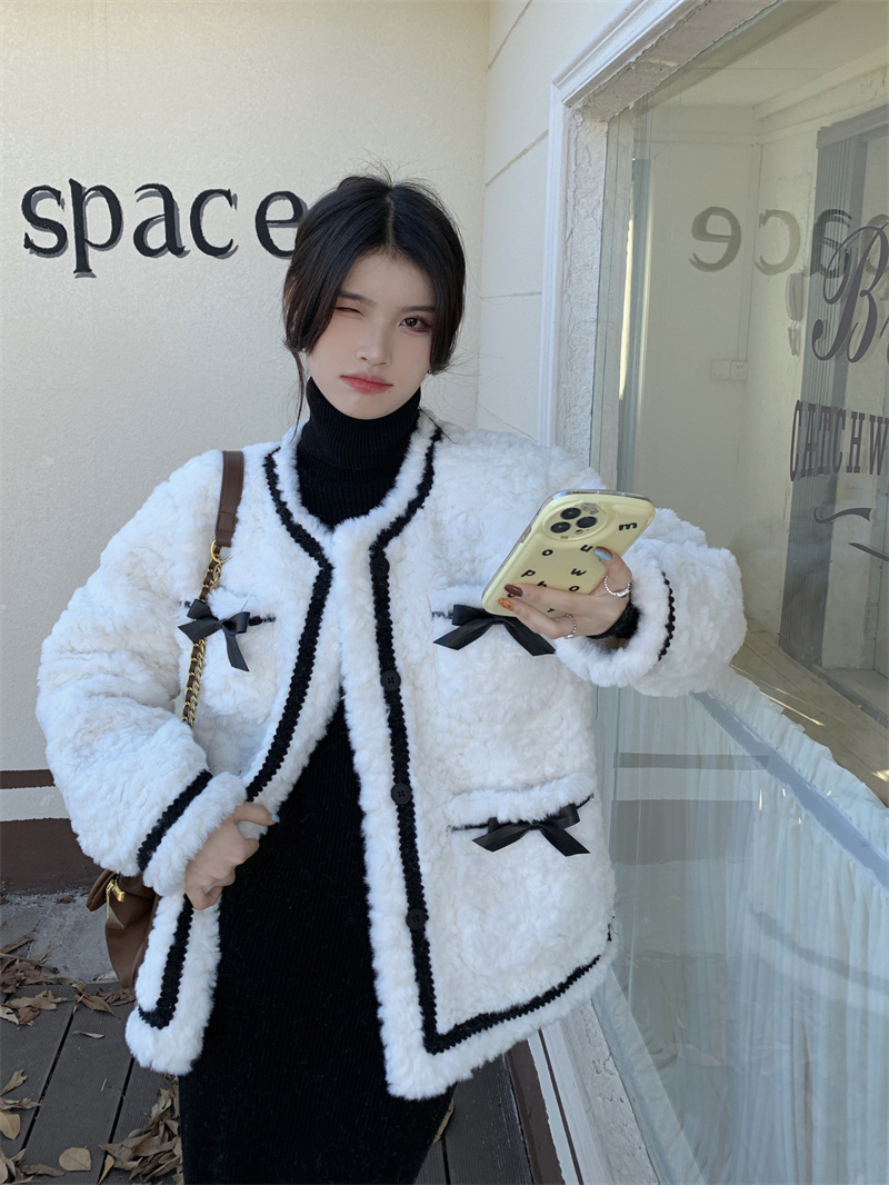 實拍羊羔毛外套短款小香風寬鬆加厚設計感蝴蝶結高級感棉服