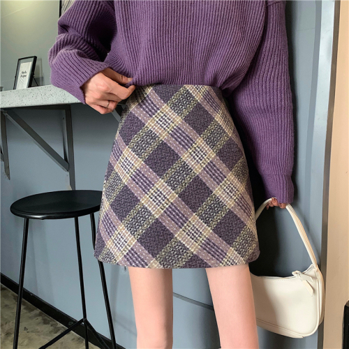 Longfengni + safety pants + elasticated back autumn and winter new plaid high-waisted slimming A-line skirt for women with temperament