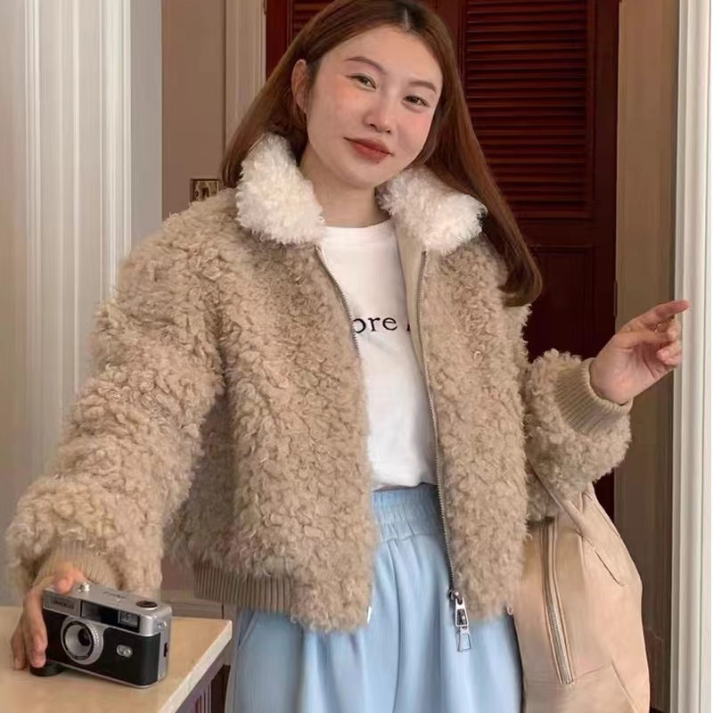 Korean new winter short fur one-piece fluffy lamb wool lapel fur collar contrasting color splicing coat jacket for women