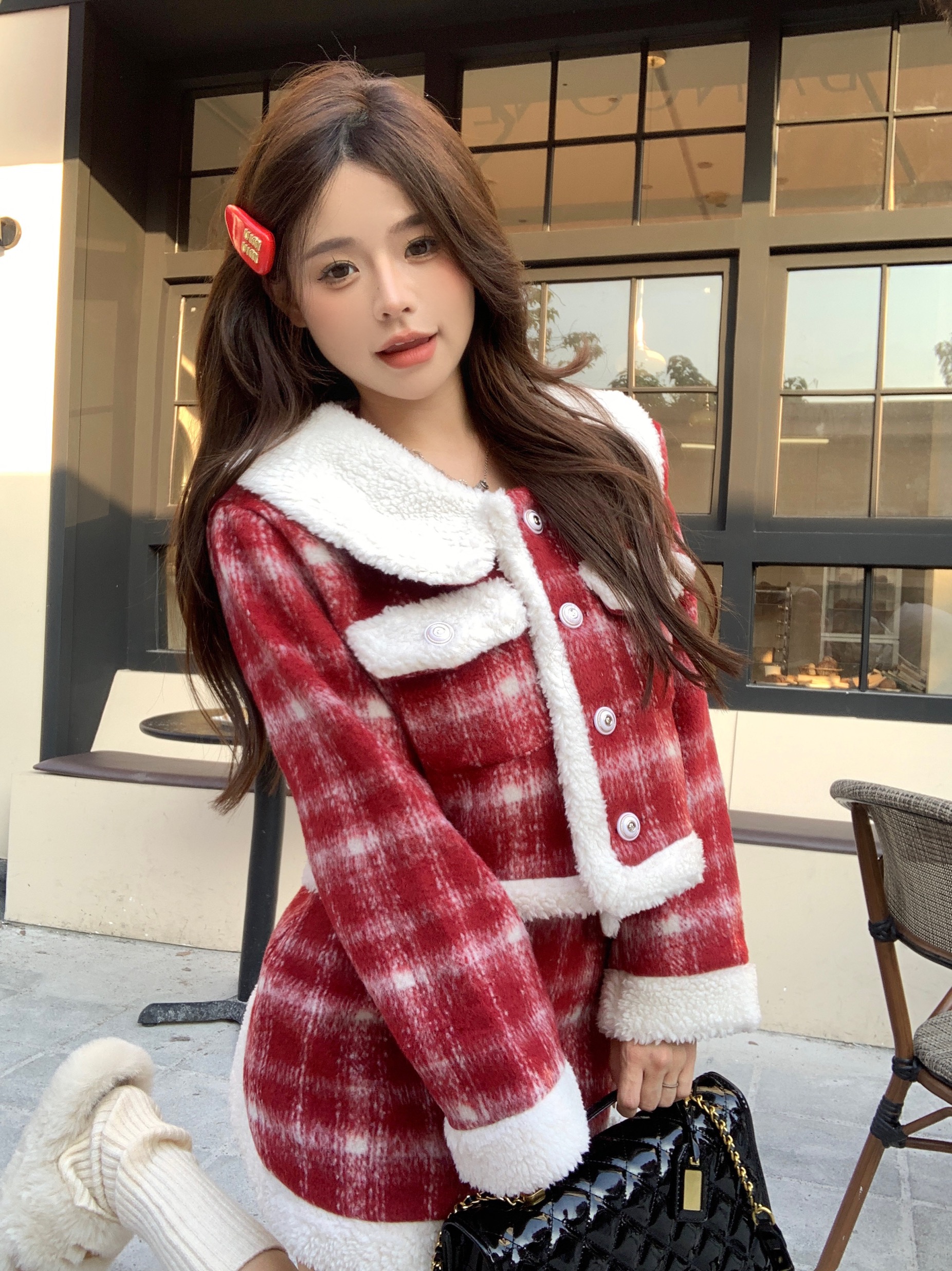 實拍  聖誕節過年套裝女秋冬加厚小香風格子外套＋半身裙短裙