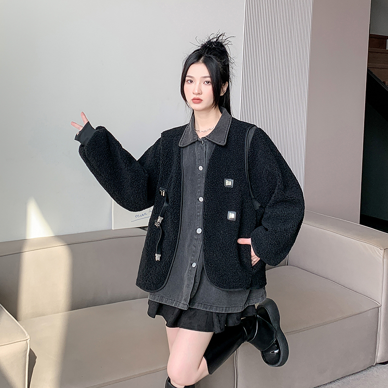 Actual shot~ Designed loose-fitting imitation sherpa patch-sleeve shirt jacket + imitation lamb vest two-piece suit