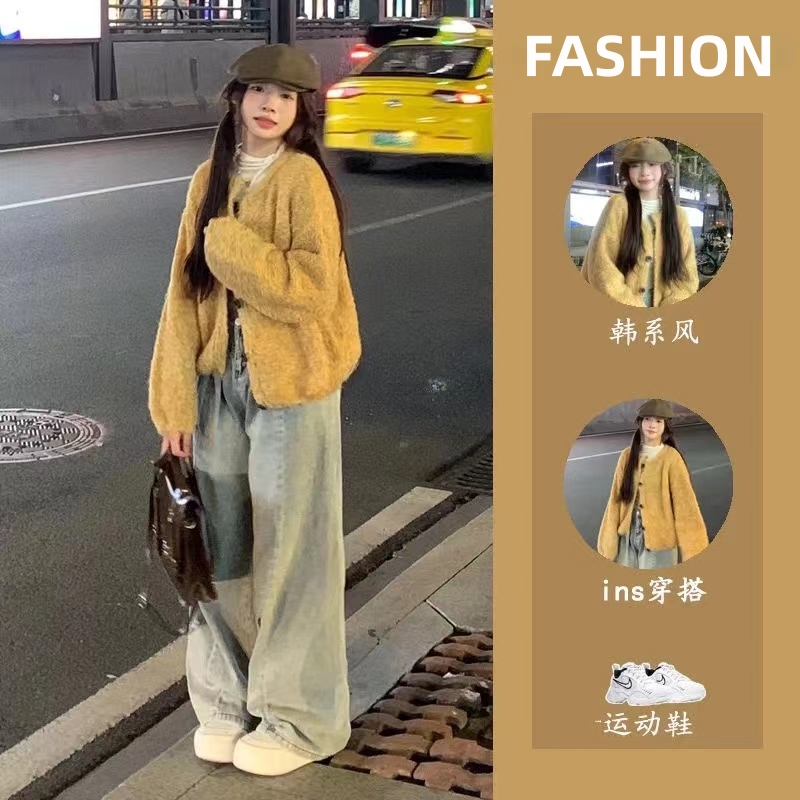冬裝搭配一整套顯瘦冷淡系炸街梨形身材針織毛衣牛仔褲兩件套裝女