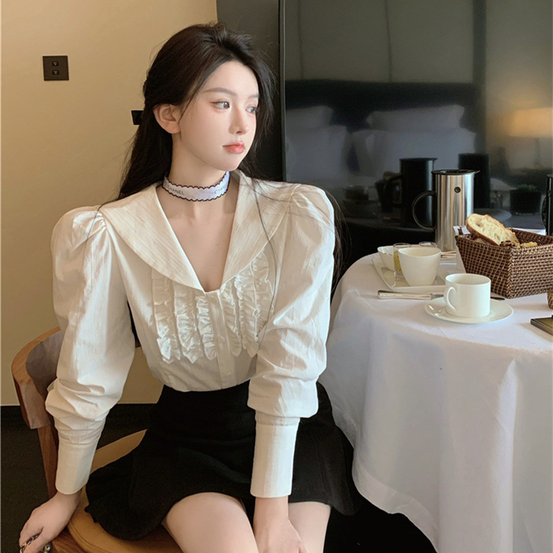 French style ruffled pleated shirt for women 2023 new autumn style inner and outer navy collar long-sleeved top