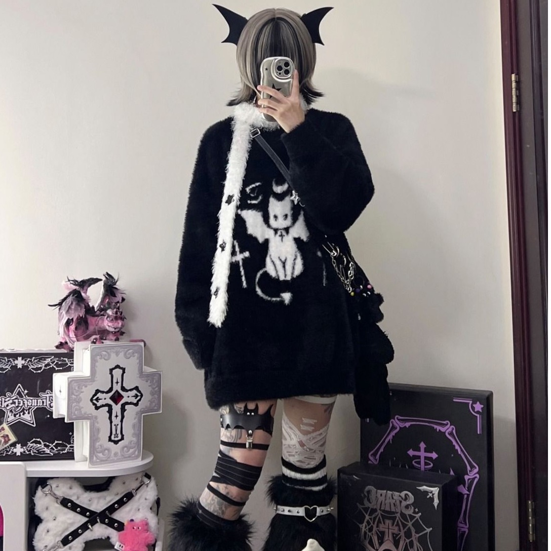 惡魔貓貓黑色圓領毛衣女毛茸茸寬鬆中長款寬鬆針織衫上衣