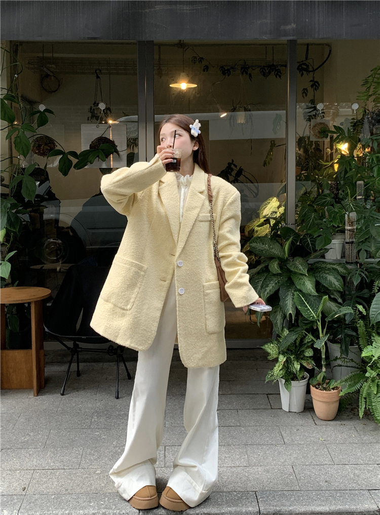 實拍~大碼秋冬保暖毛呢寬鬆韓版西裝外套+蕾絲打底長袖上衣