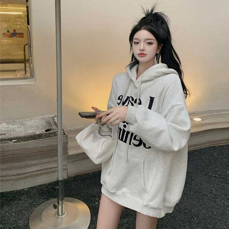 oversize衛衣女春秋薄款2023新款灰色大碼寬鬆連帽秋冬加絨中長款