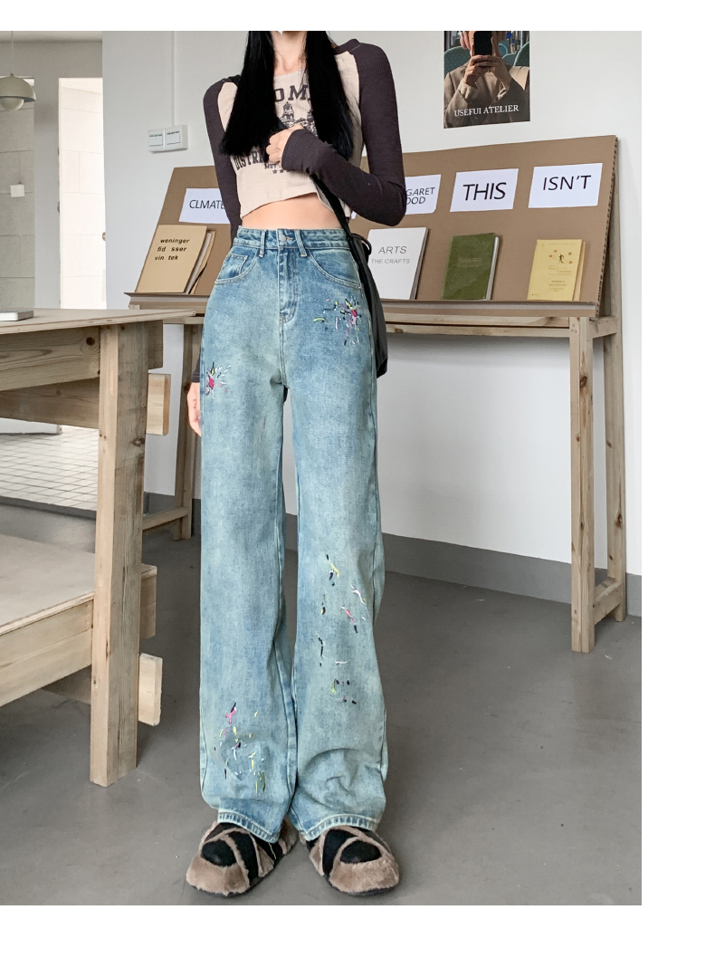刺繡闊腿牛仔褲女高腰顯瘦設計感小眾繡花直筒拖地褲子2023年新款