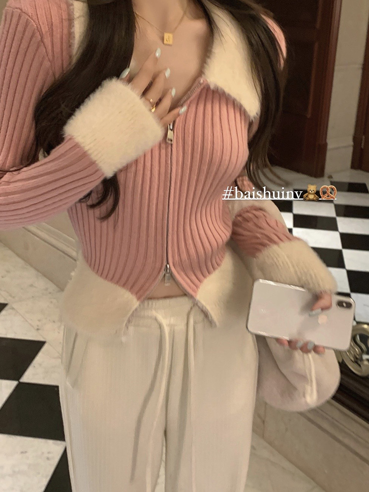 純欲辣妹氣質毛毛領拼接毛衣針織開衫女秋冬新款小眾別致短款上衣