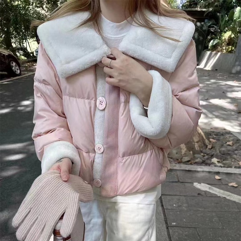 羊羔毛翻領羽絨服女短款通勤百搭寬鬆小個子時尚白鴨絨保暖外套冬