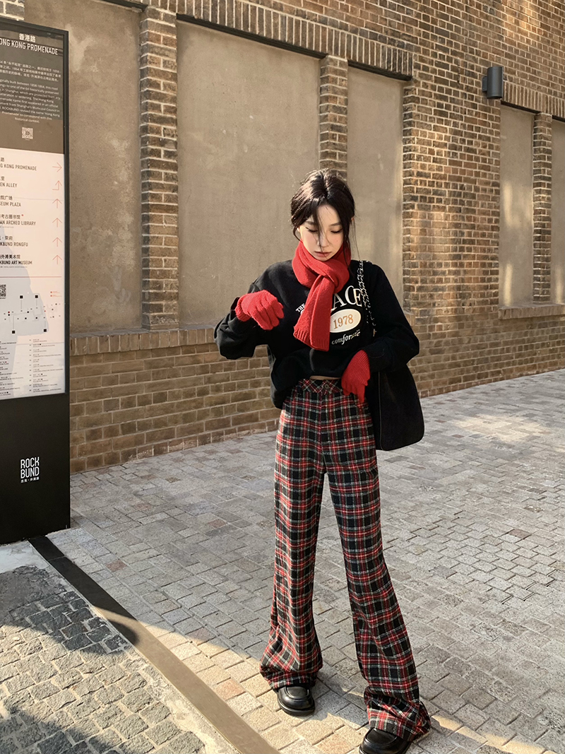 實拍 撞色格紋廓形微喇叭休閒褲顯瘦百搭冬款長褲女