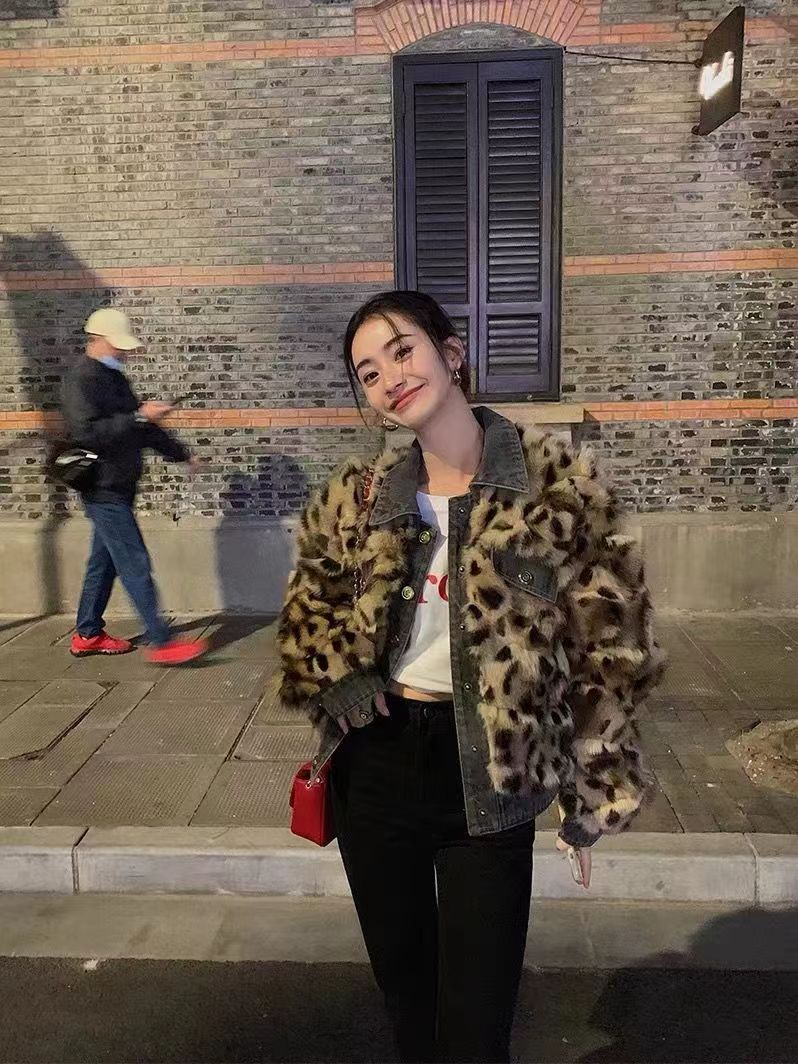 Winter 2023 new design leopard print imitation fox fur and denim plus cotton warm fur jacket for women