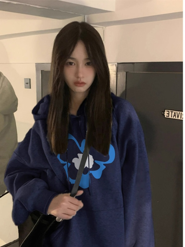 藏藍色連帽加絨衛衣女款2023新款秋冬加厚重磅慵懶風即墨上衣