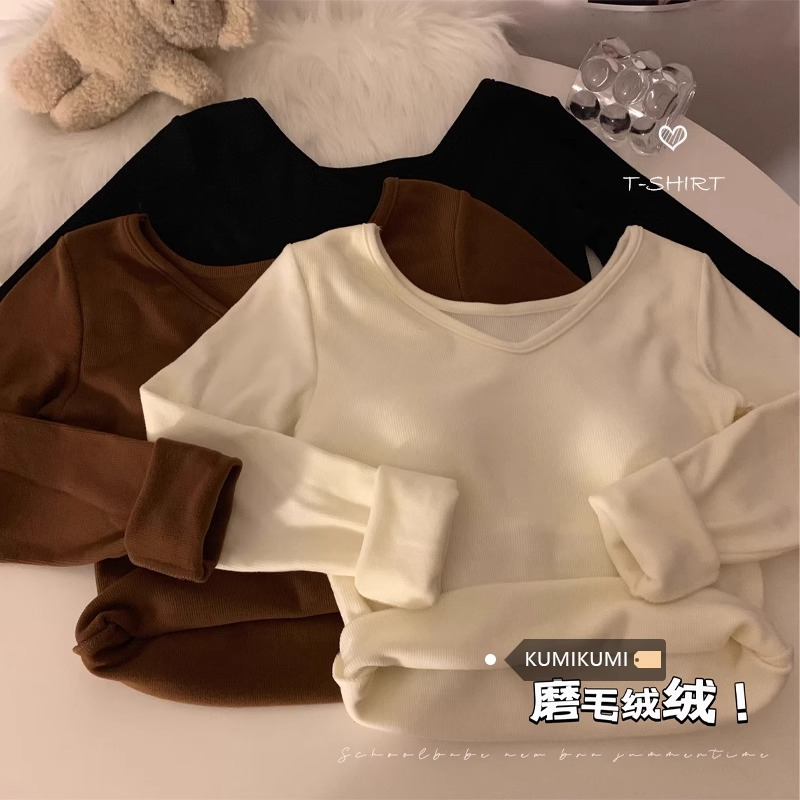 1X1德絨加厚磨毛長袖T恤女秋冬修身內搭打底衫保暖套頭V領上衣