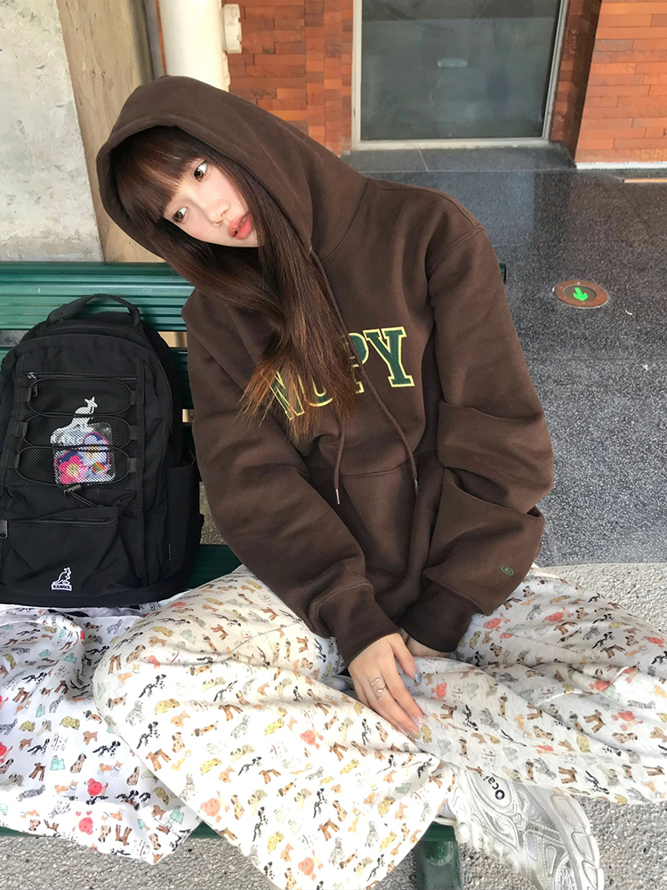 vintage美式衛衣女加絨秋冬簡約印花情侶帽衫寬鬆長袖慵懶風上衣