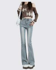 Women's Light Color Mini Bell Bottom Jeans 2023 Autumn/Winter New Korean Style High-Waisted Tapered Elastic Pants