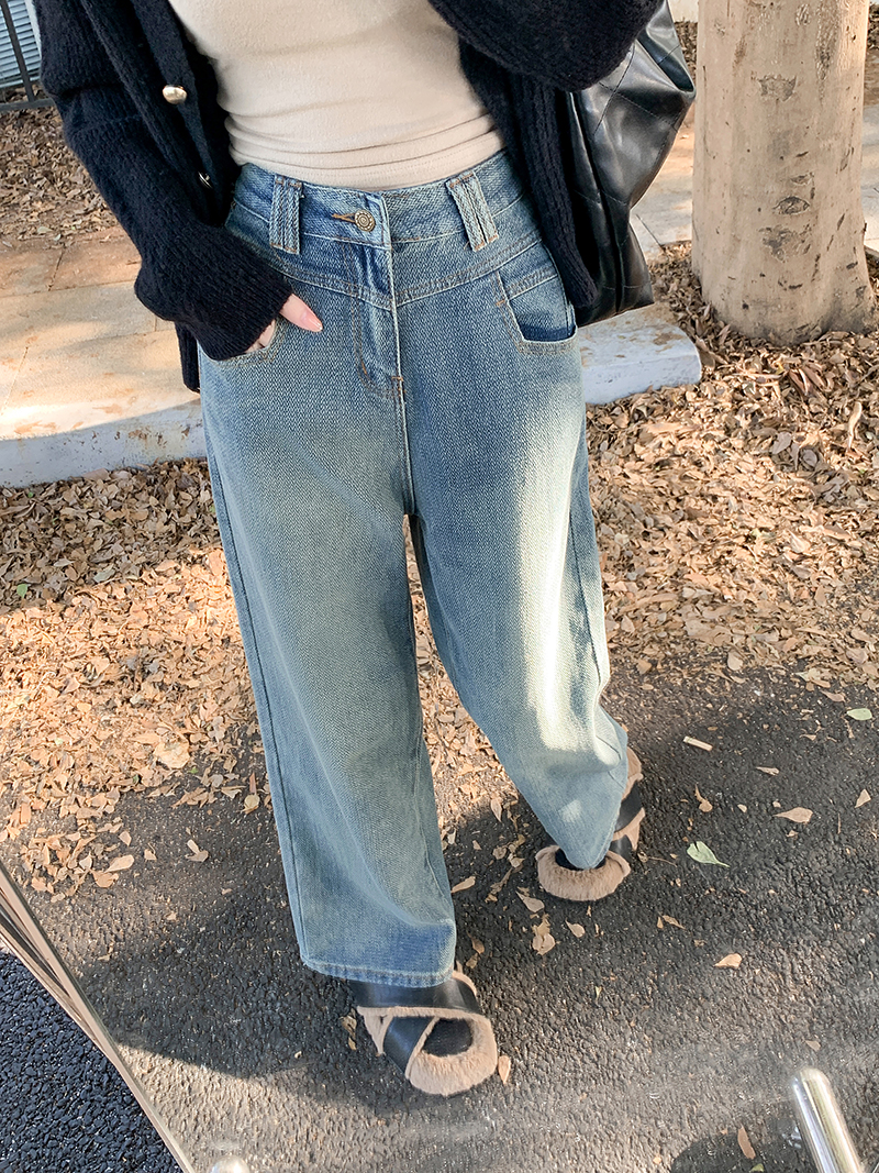 實拍~高腰牛仔褲女褲子秋季復古寬鬆闊腿褲顯瘦直筒褲長褲潮