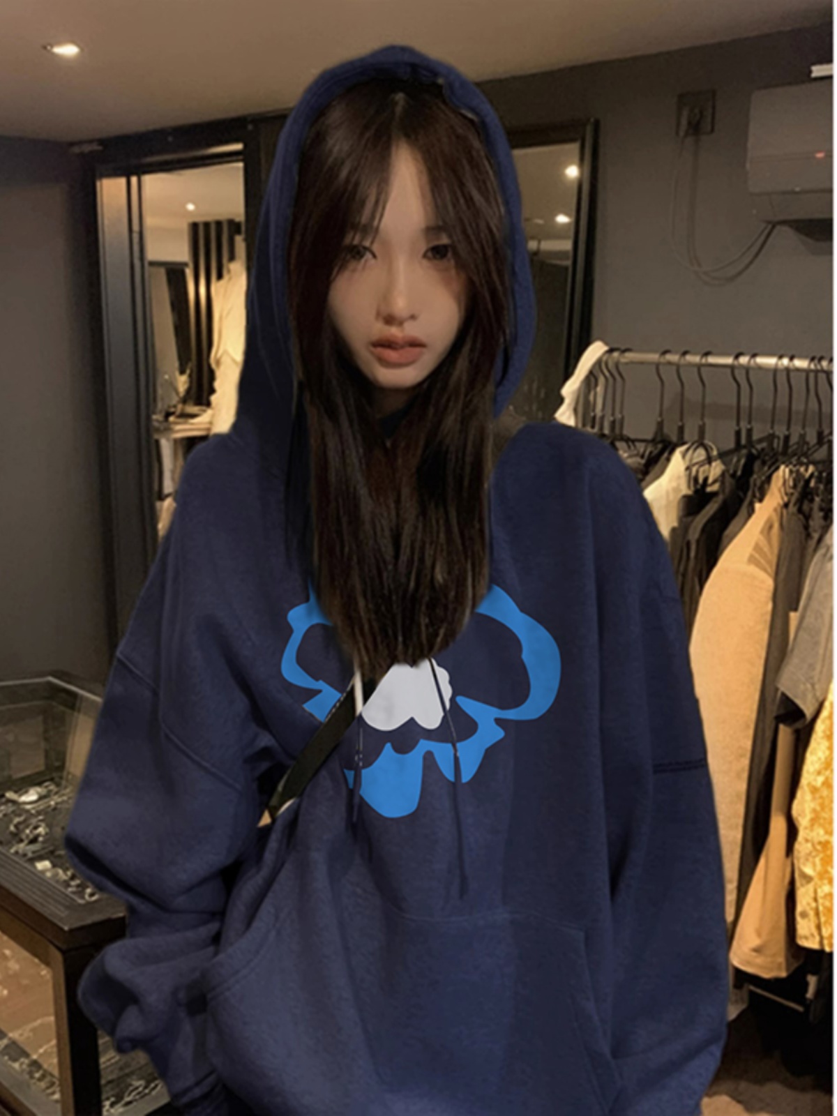 藏藍色連帽加絨衛衣女款2023新款秋冬加厚重磅慵懶風即墨上衣