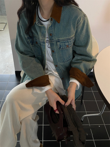 加绒长袖牛仔衬衫冬季chic韩版宽松拼色polo领单排扣休闲上衣