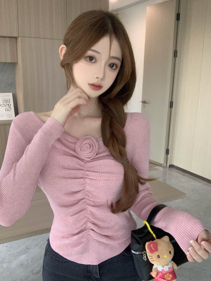 實拍 方領針織衫女長袖設計感小眾氣質女裝2023秋新款上衣