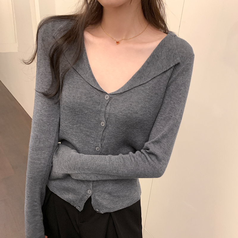 實拍圖法式翻領長袖針織開衫女秋季2023新款小眾修身打底短款上衣