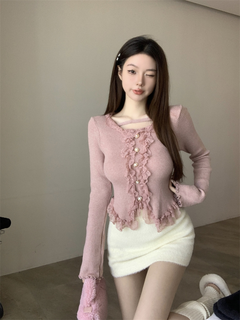 實拍  拼接蕾絲長袖針織女純欲天花板內搭修身女方領打底衫
