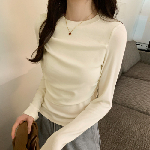 Actual pictures niche pleated long-sleeved T-shirt women's autumn and winter  new fake two-piece round neck bottoming shirt short top