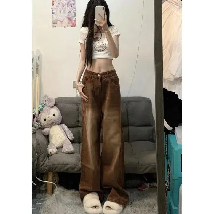 美式vibe風復古闊腿棕色牛仔褲女高腰顯瘦寬鬆直筒褲子高街潮ins