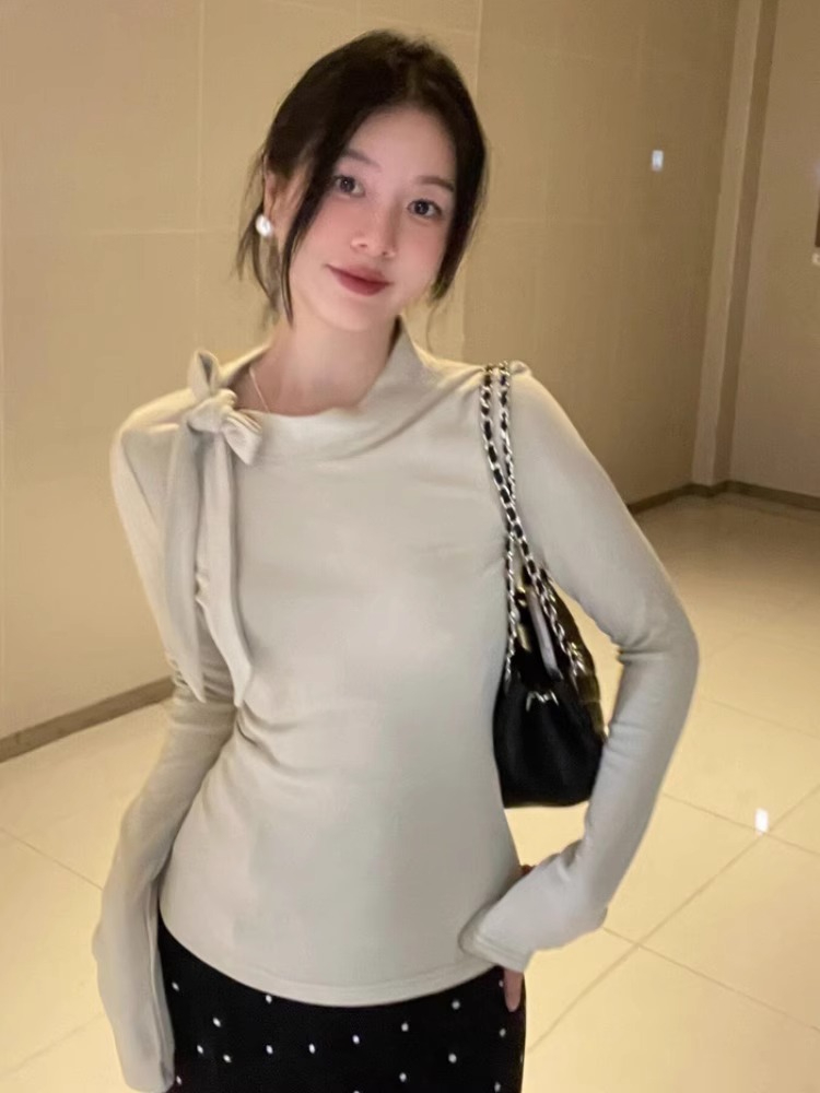 德絨 修身半高領T恤設計感系帶蝴蝶結打底長袖上衣