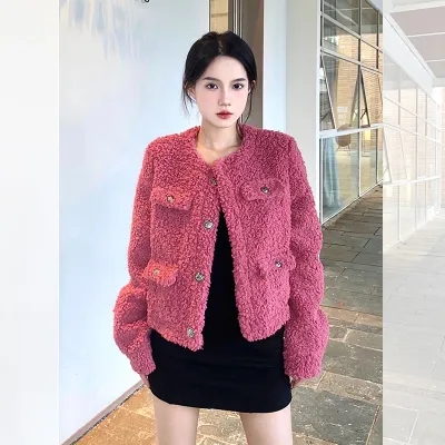 法式圓領單排扣毛衣外套女2023秋冬新款高級感氣質多口袋針織開衫