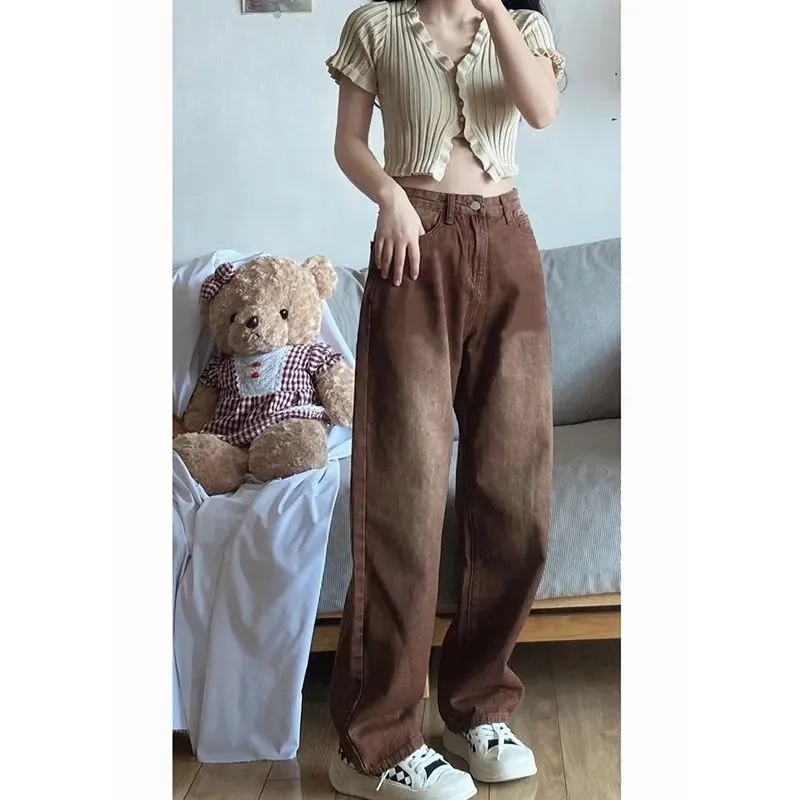 大碼高街棕色牛仔褲女胖mm夏季新款韓版寬鬆顯瘦高腰直筒闊腿褲子