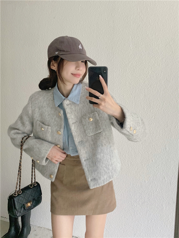 實拍~大碼女裝藍色襯衫燈芯絨短裙+設計感灰色夾棉外套三件套