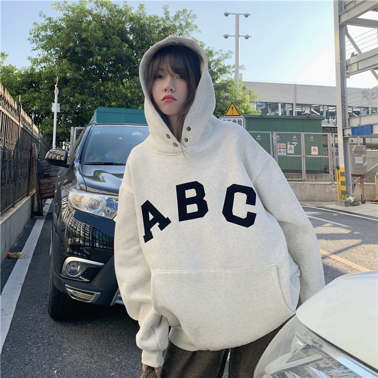 實拍~大碼韓版高街灰色連帽衛衣女2023秋冬寬鬆慵懶風外套潮