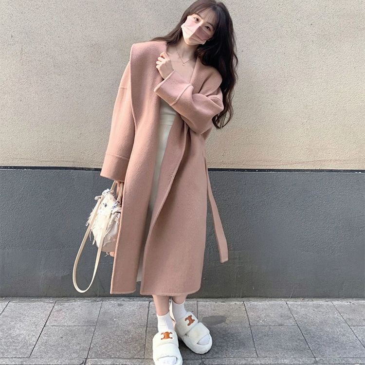 呢子大衣女學院風韓系2023冬季粉色小眾氣質毛呢外套高級感小個子