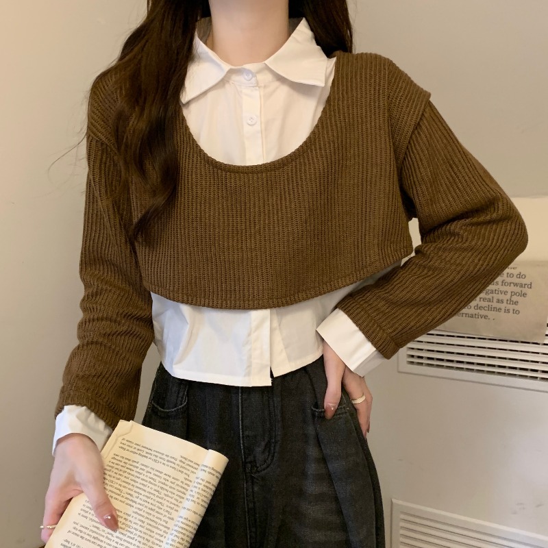 Unique design niche fake two-piece short knitted top for women autumn and winter French chic long-sleeved sweater for small people