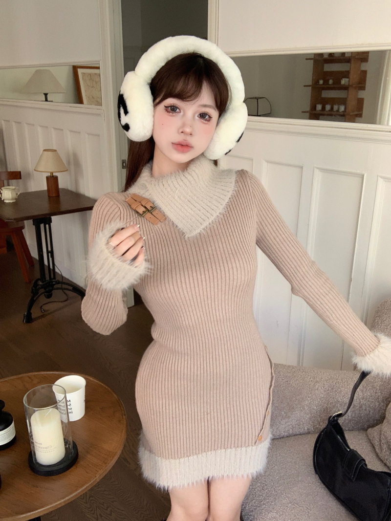 實拍 美拉德貂毛包芯紗坑條拼接針織毛衣連衣裙秋冬女短裙